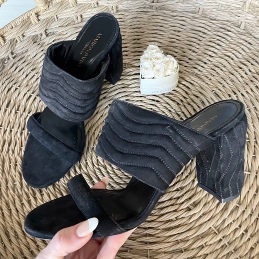 New Marion Parke BLACK Quilted Suede Leather Slide Sandals
